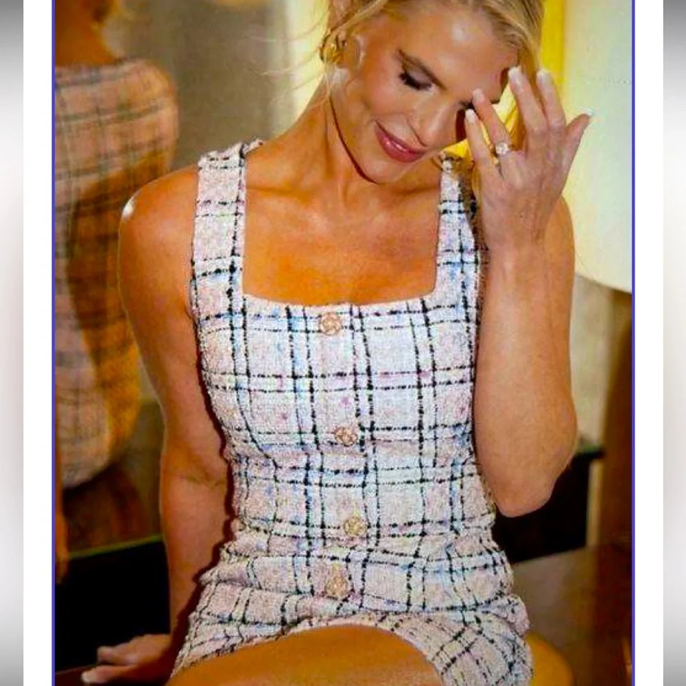 Endless Rose Plaid Tweed Square-Neck Sleeveless Mini Preppy Dress Pink Small - Picture 3 of 5